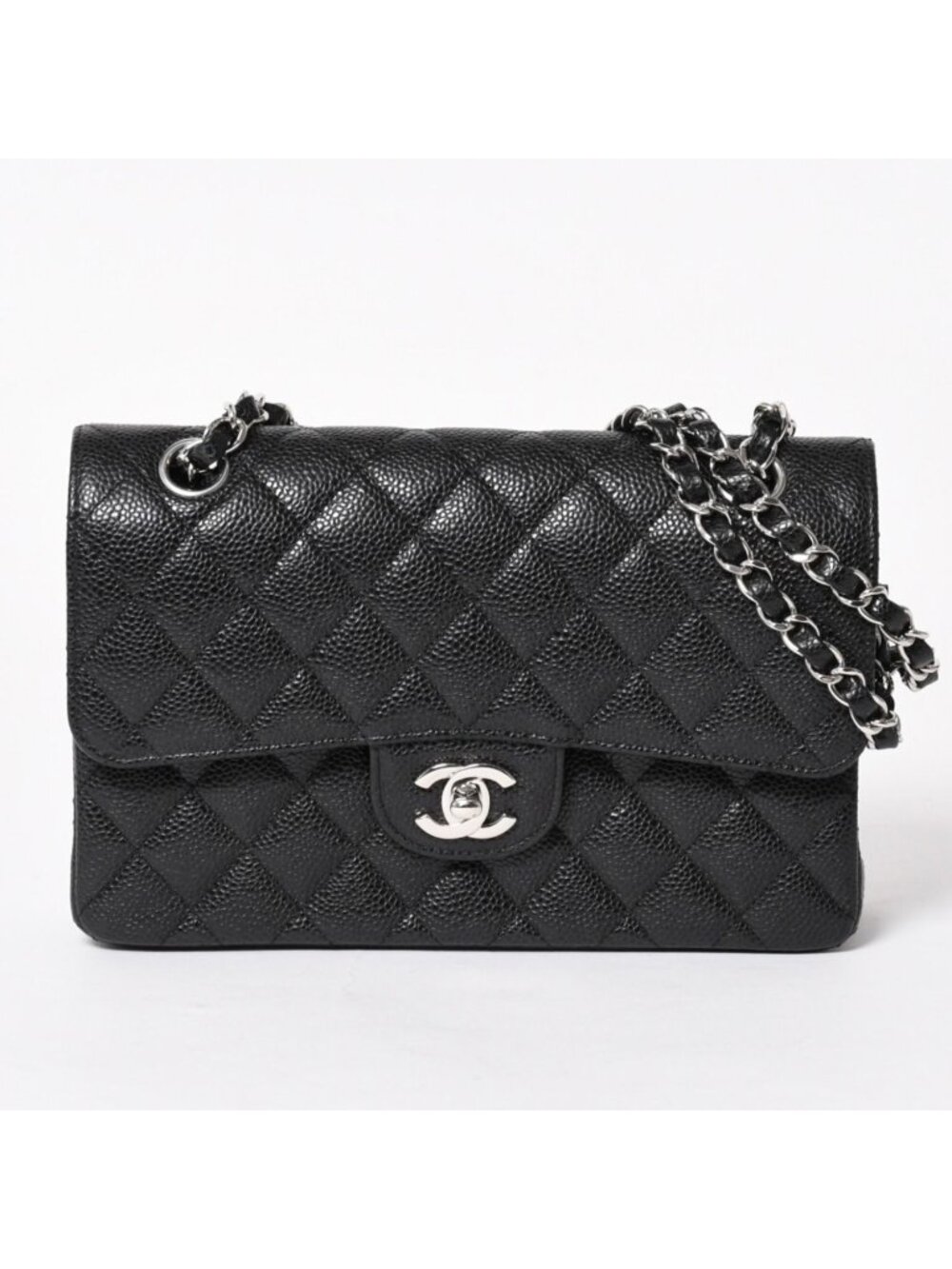 Chanel Quilted 23 Double Flap Chain Shoulder Bag Base CC Logo Caviar Leather